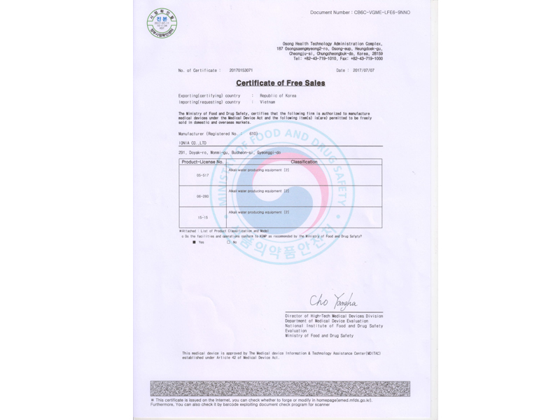Mẫu giấy chứng nhận KFDA được cấp bởi Cục quản lý về Thực phẩm và Dược phẩm Hàn Quốc